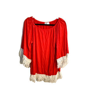 Christian Caliendo Pink Lace 3/4 Sleeve Fringe Peasant Boho Top Womans Sze Large